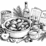 Black-and-white illustration of a chicken, pear and prune casserole with rosemary, pears and prunes