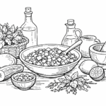 Black-and-white line drawing of a mango and herb rice salad in a bowl, surrounded by fresh herbs, mango, lime, cucumber and simple kitchen tools